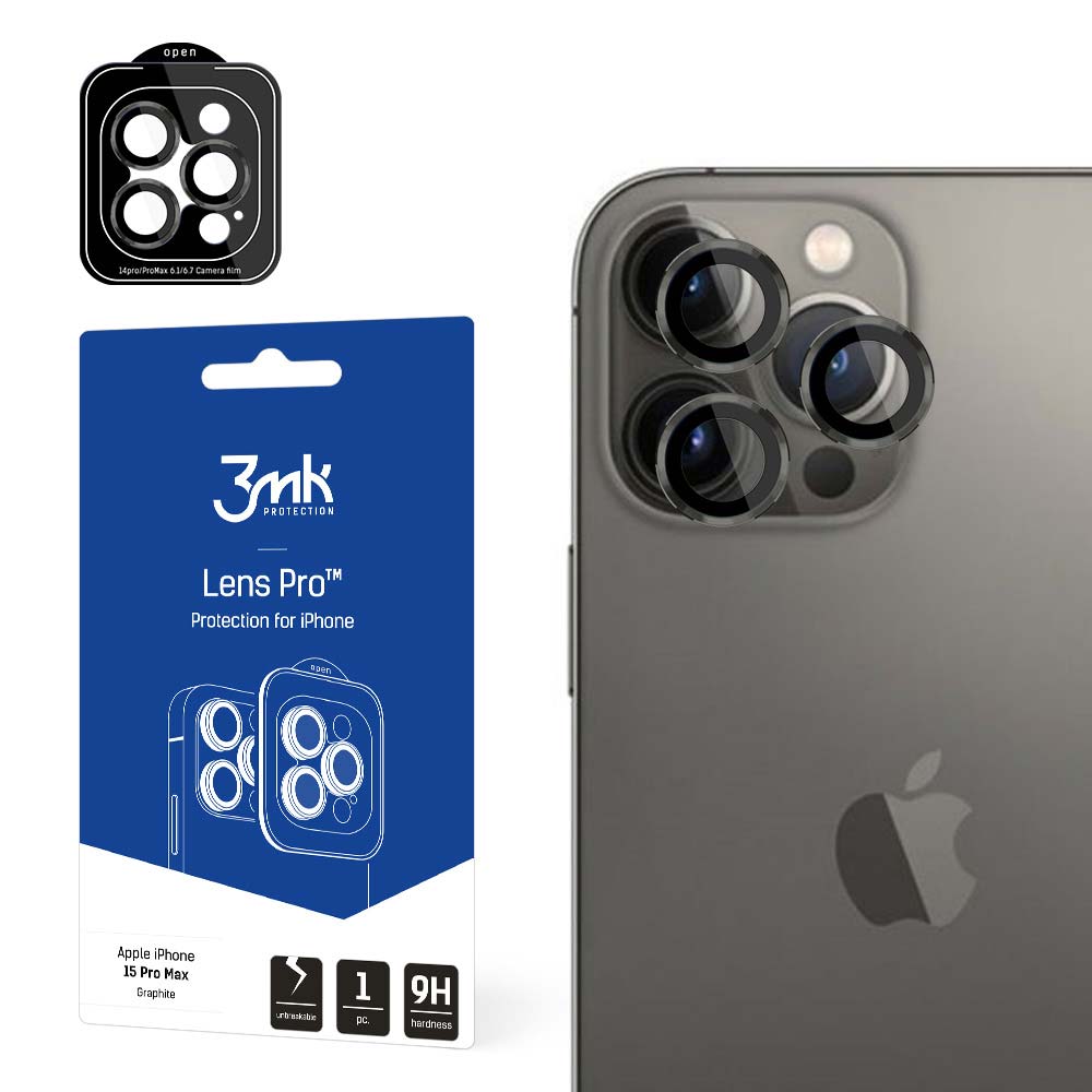 3MK Back Camera Protective Film for Apple iPhone 15 Pro Max, Glass Protected, Black 