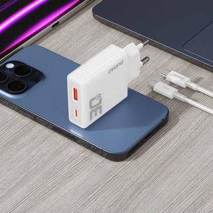 Dudao A30EUT USB-C Cable Network Charger, 30W, 3A, 1 x USB-A - 1 x USB-C, White 