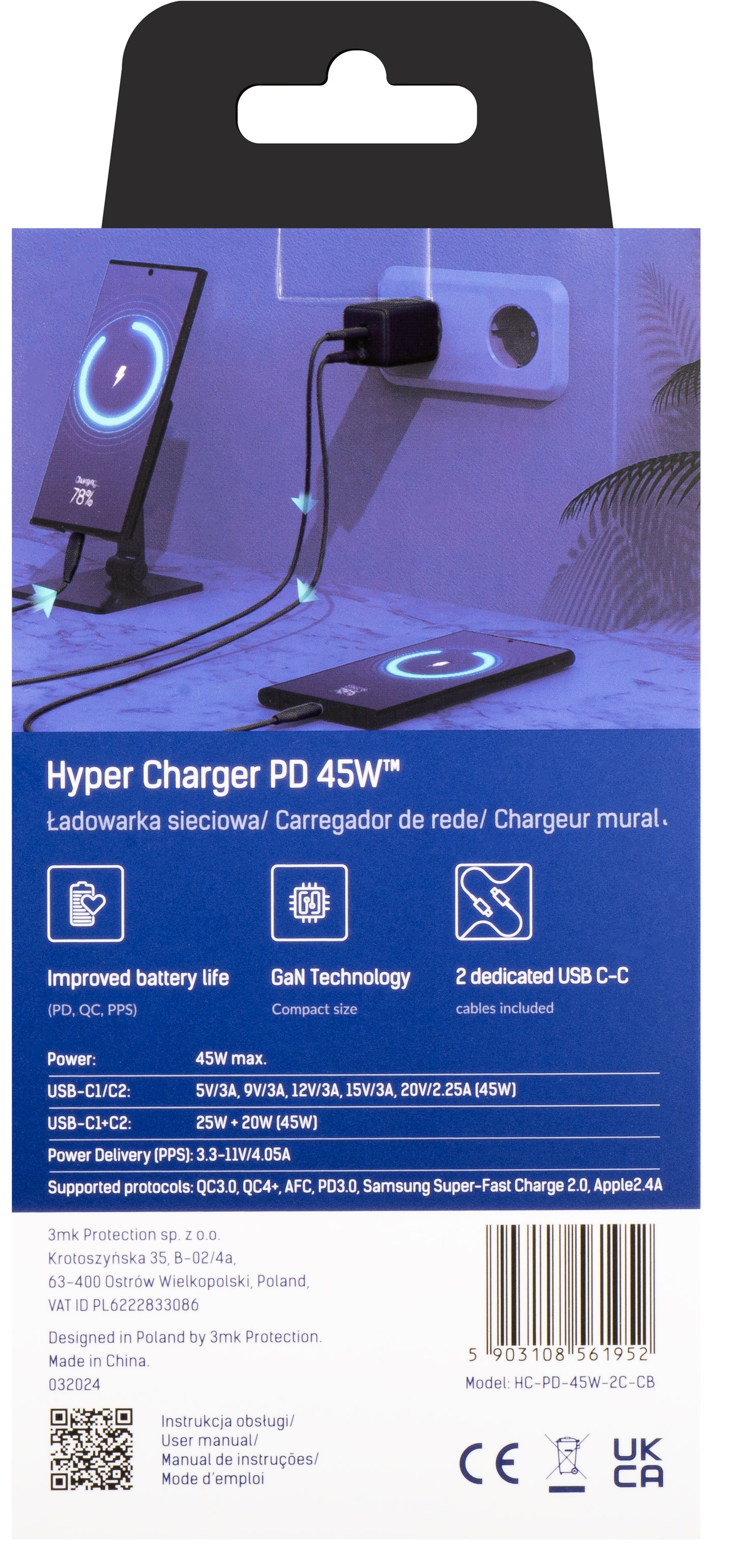 Network Charger with USB-C Cable 3MK HyperCharger, 45W, 3A, 2 x USB-C, Black 